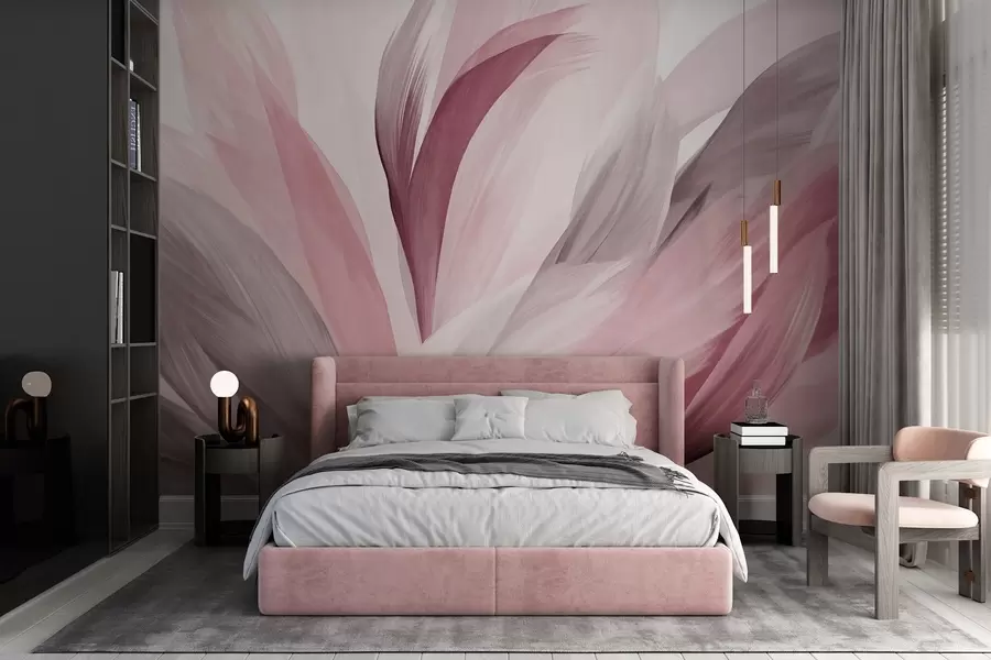 Fotobehang Abstracte gevlekte veren in roze, wit en grijs en verschillende tinten, overlappend op een witte achtergrond w09531v2