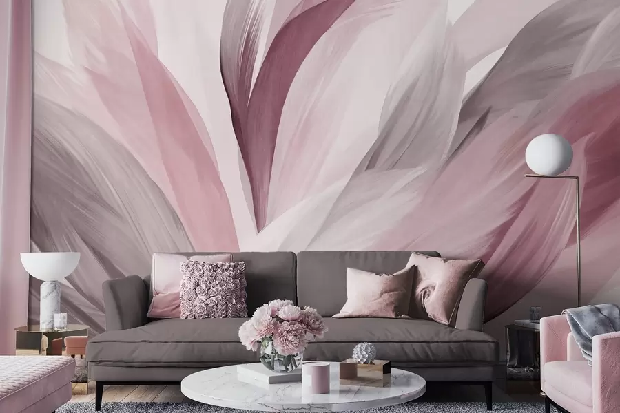 Fotobehang Abstracte gevlekte veren in roze, wit en grijs en verschillende tinten, overlappend op een witte achtergrond w09531v2