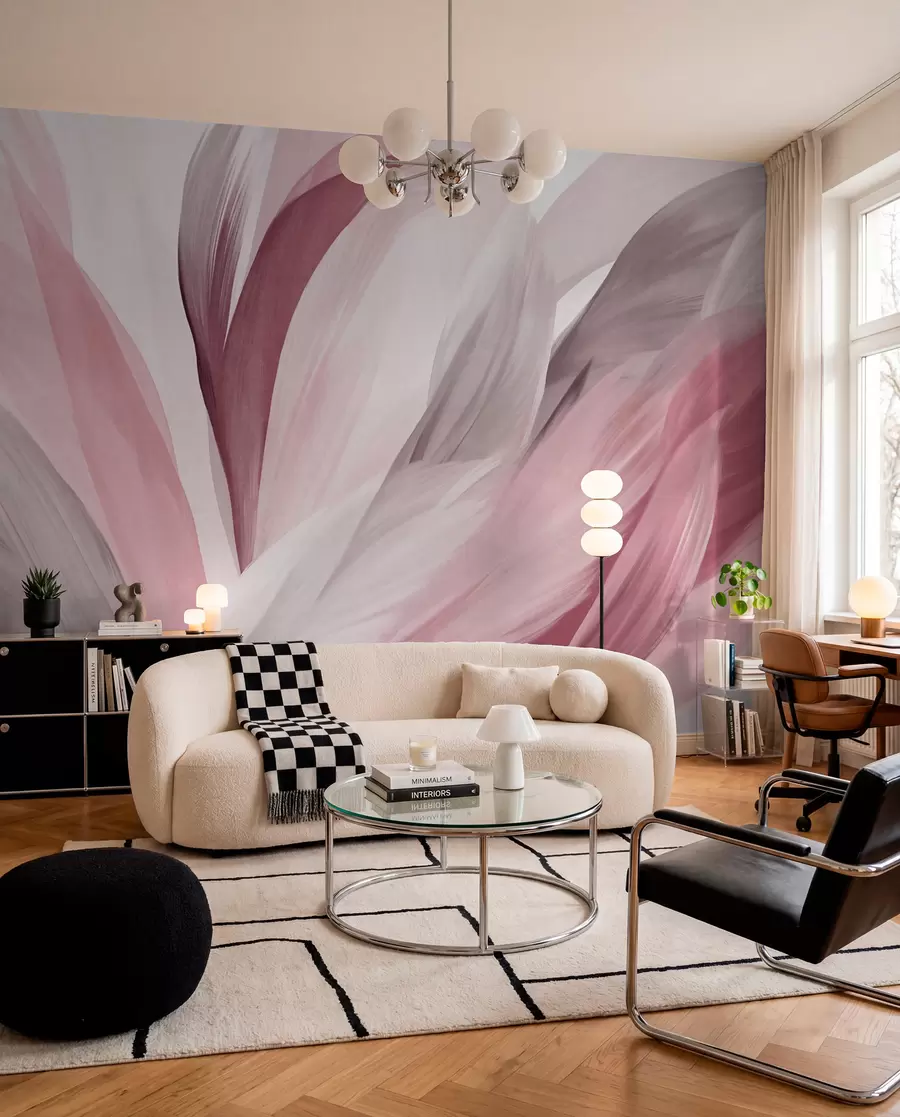 Fotobehang Abstracte gevlekte veren in roze, wit en grijs en verschillende tinten, overlappend op een witte achtergrond w09531v2