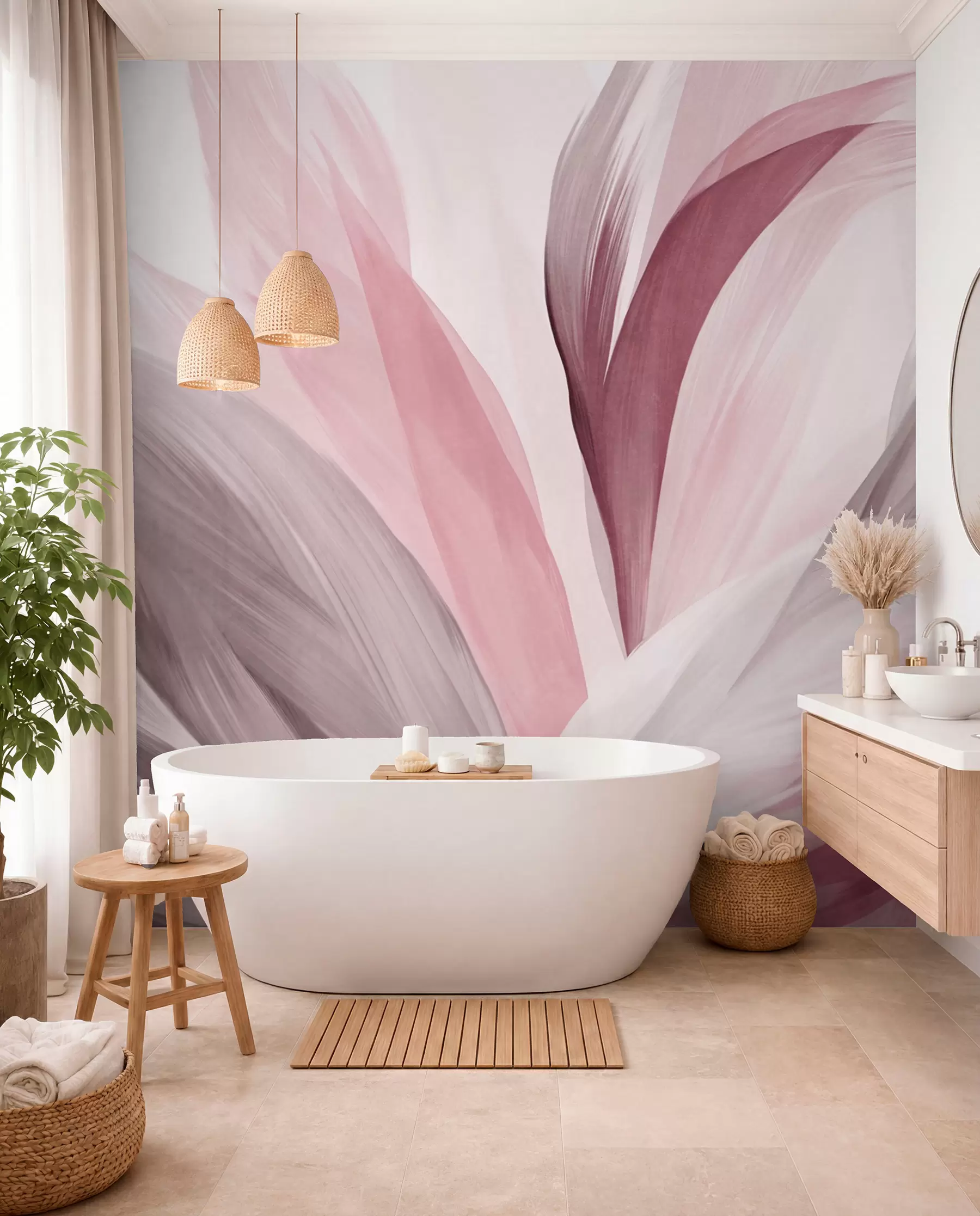 Fotobehang Abstracte gevlekte veren in roze, wit en grijs en verschillende tinten, overlappend op een witte achtergrond w09531v2