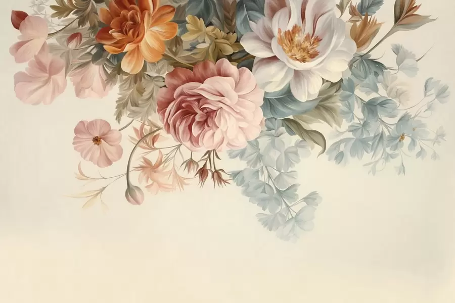 Papier peint photo Composition florale vintage avec des roses, des pivoines et d'autres fleurs texturées accompagnées de feuillage, sur un fond clair w09532