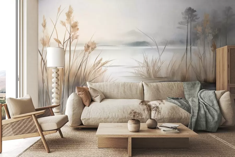Fotobehang Landschap met een meer en hoog gras op de voorgrond, bergen op de achtergrond, zachte kleuren, textuur w09534