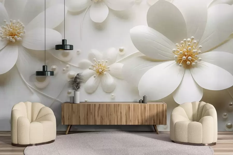 Papier peint photo Fleurs blanches avec des perles dispersées sur un fond blanc, design élégant et minimaliste, texturé w09535