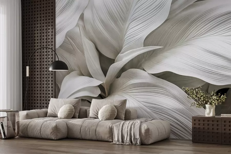 Fotobehang Grote, gestructureerde witte bladeren met opvallende nerven, die elkaar overlappen en diepte creëren w09536