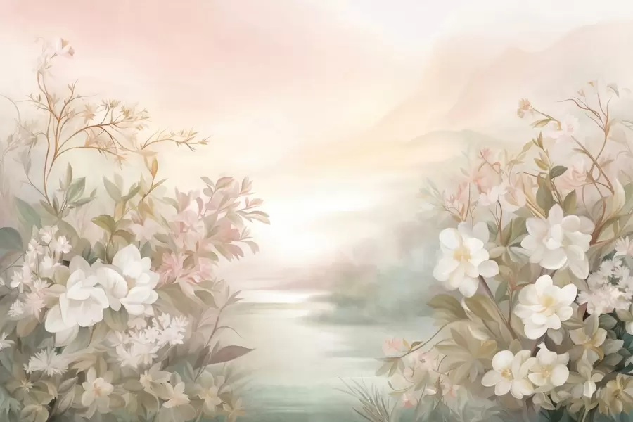 Papier peint photo Un paysage avec une rivière entourée de fleurs et de plantes, des couleurs douces, un ciel rose, un style aquarelle texturé w09537