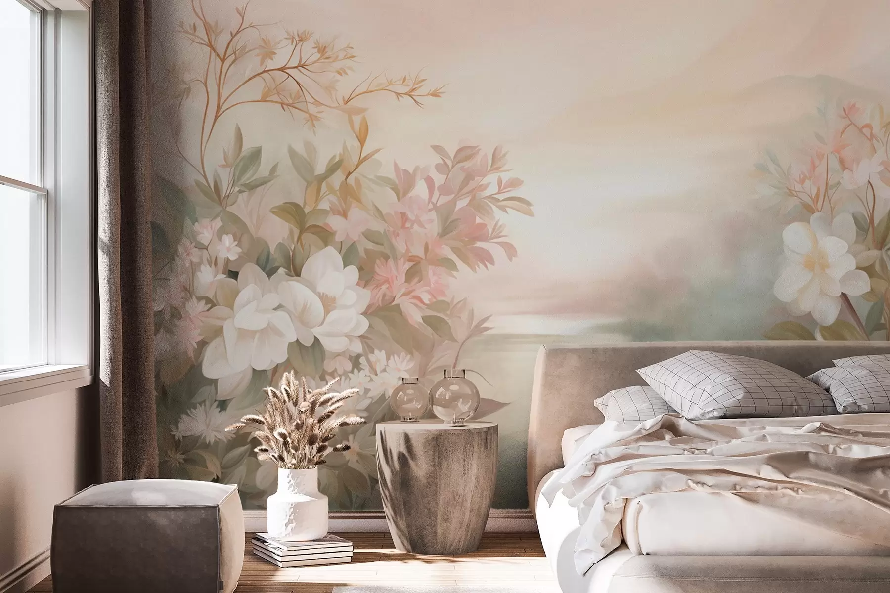 Fotobehang Een landschap met een rivier omringd door bloemen en planten, zachte kleuren, roze lucht, aquarelachtige textuurstijl w09537