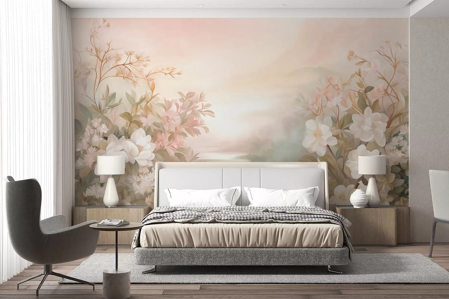 Fotobehang Een landschap met een rivier omringd door bloemen en planten, zachte kleuren, roze lucht, aquarelachtige textuurstijl w09537
