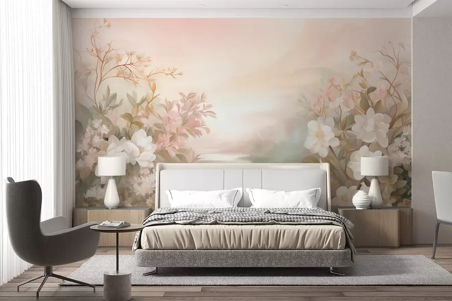 Papier peint photo Un paysage avec une rivière entourée de fleurs et de plantes, des couleurs douces, un ciel rose, un style aquarelle texturé w09537