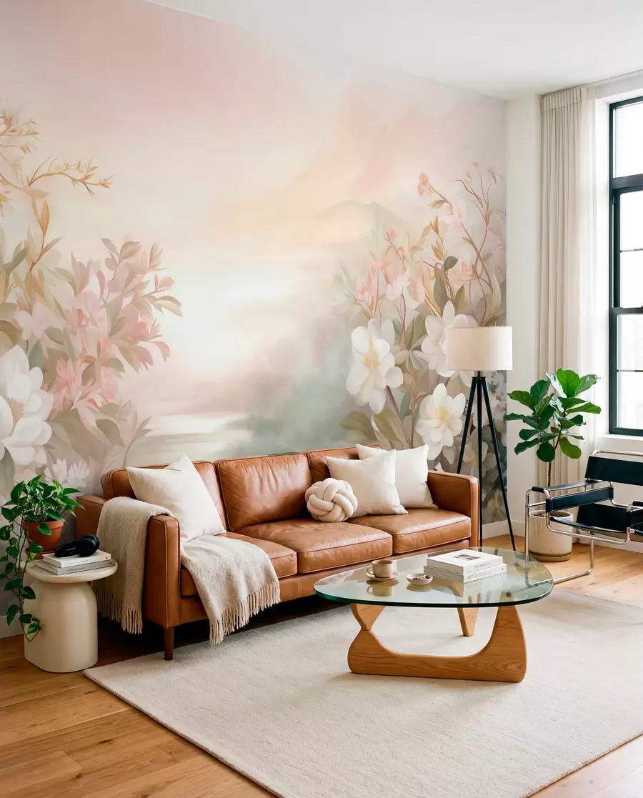 Fotobehang Een landschap met een rivier omringd door bloemen en planten, zachte kleuren, roze lucht, aquarelachtige textuurstijl w09537