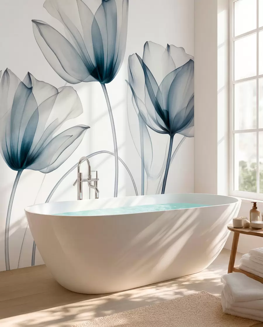 Fotobehang Doorschijnende blauwe en witte tulpenbloemen met lange stelen, tegen een lichte achtergrond, delicate en gestructureerde bloemenkunst w09538