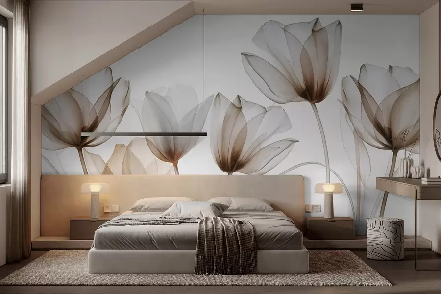 Fotobehang Doorschijnende bruine en witte tulpenbloemen met lange stelen, tegen een lichte achtergrond, delicate en gestructureerde bloemenkunst w09538v1