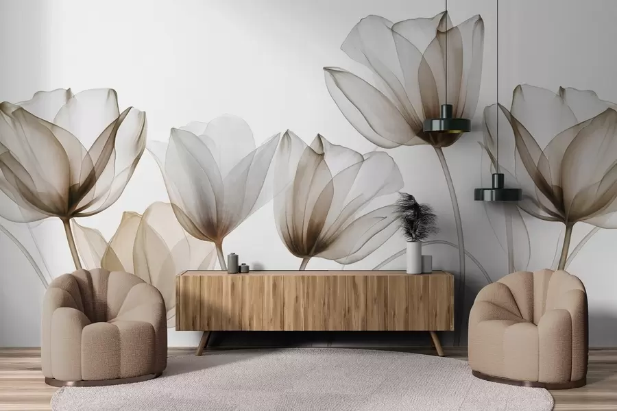 Fotobehang Doorschijnende bruine en witte tulpenbloemen met lange stelen, tegen een lichte achtergrond, delicate en gestructureerde bloemenkunst w09538v1