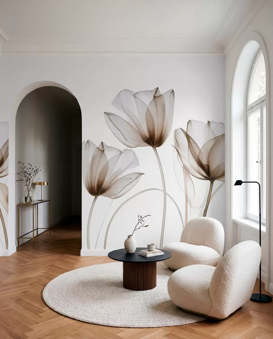 Fotobehang Doorschijnende bruine en witte tulpenbloemen met lange stelen, tegen een lichte achtergrond, delicate en gestructureerde bloemenkunst w09538v1