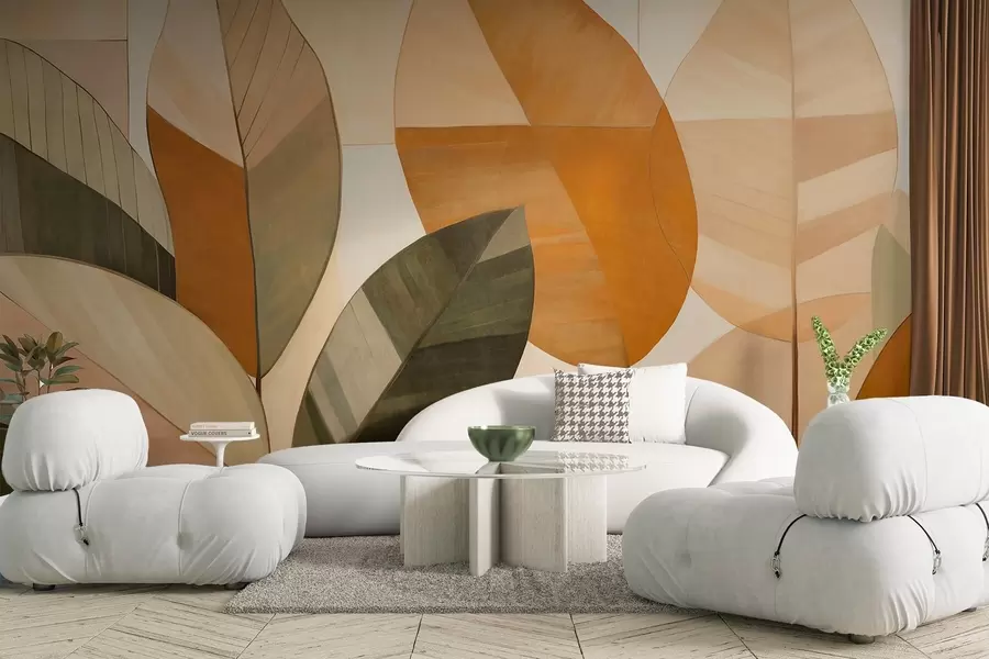 Fotobehang Abstracte grote bladeren in tinten oranje, bruin en groen, gestructureerd, gerangschikt tegen een lichte achtergrond w09539