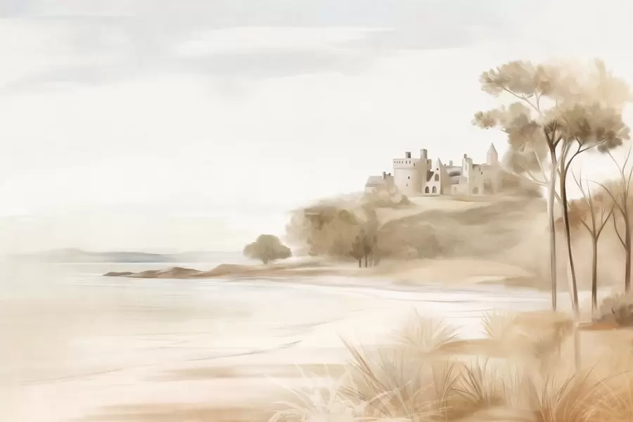 Papier peint photo Paysage avec un château sur une colline près de la mer, une plage de sable au premier plan, couleurs douces, art texturé w09540