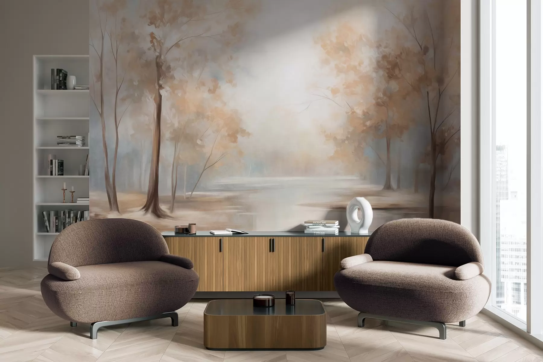 Fotobehang Herfstlandschap met bomen en een rivier, zachte kleuren, lichte en luchtige sfeer, vredig en rustig tafereel w09541