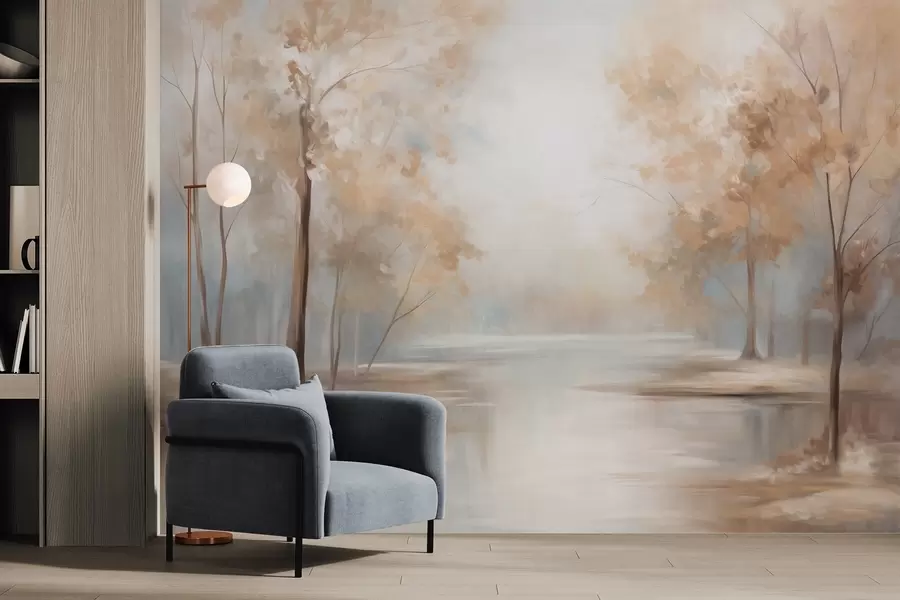 Fotobehang Herfstlandschap met bomen en een rivier, zachte kleuren, lichte en luchtige sfeer, vredig en rustig tafereel w09541