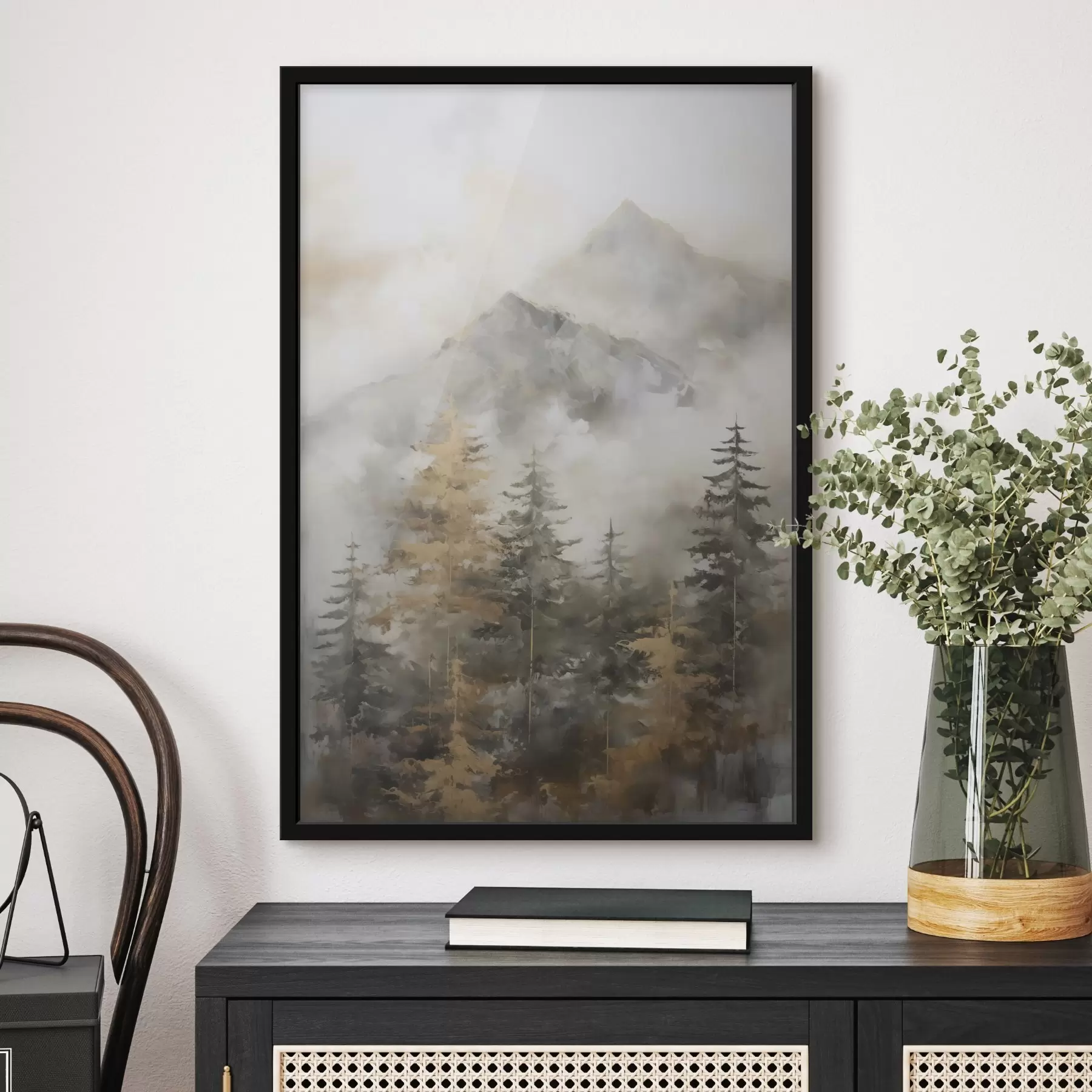 Papier peint photo Forêt avec les montagnes en arrière-plan, imitation de peinture f46670