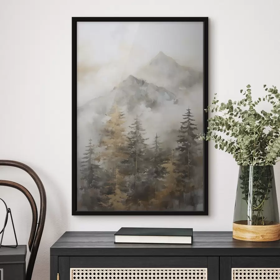 Papier peint photo Forêt avec les montagnes en arrière-plan, imitation de peinture f46670