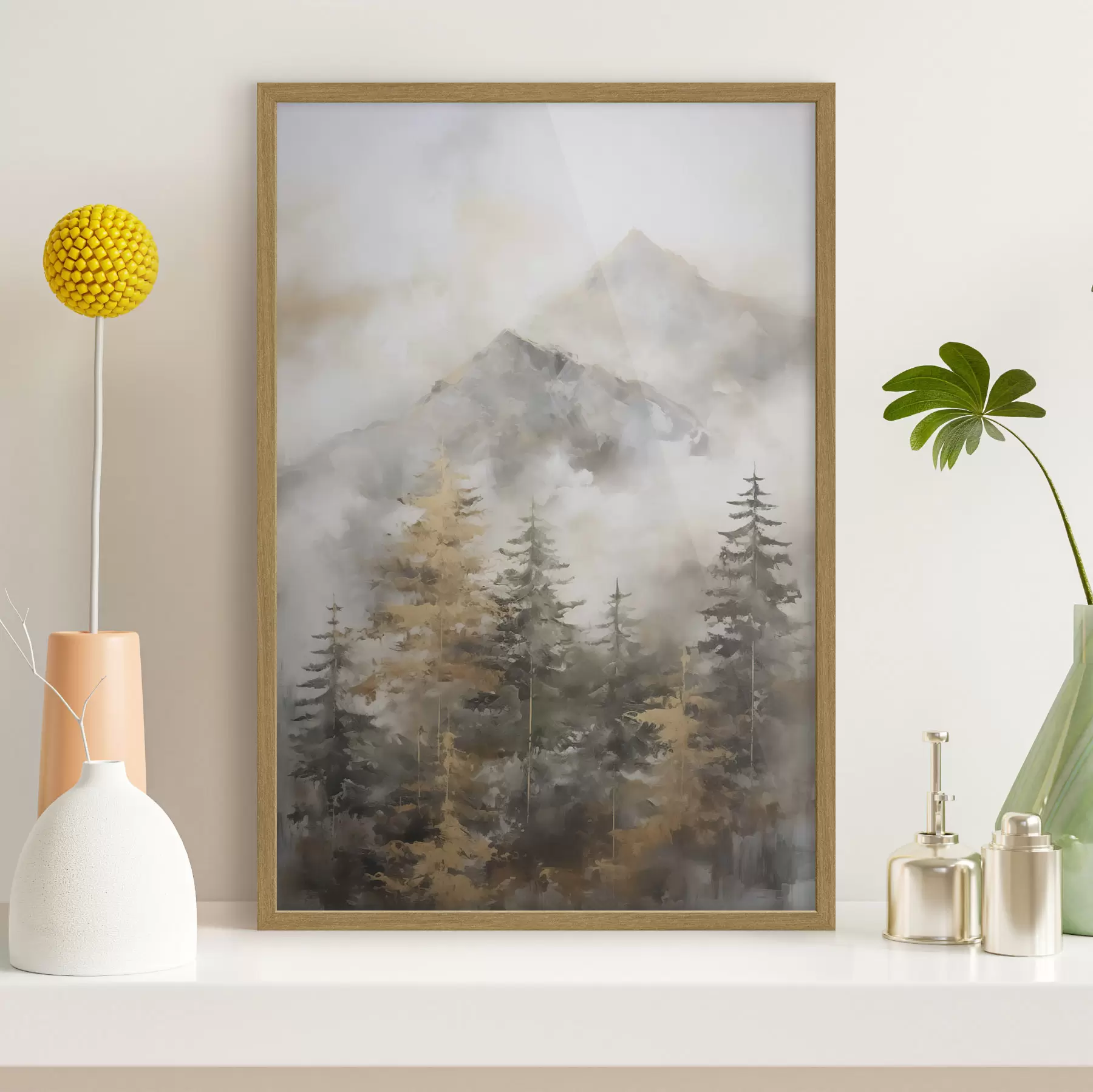 Papier peint photo Forêt avec les montagnes en arrière-plan, imitation de peinture f46670