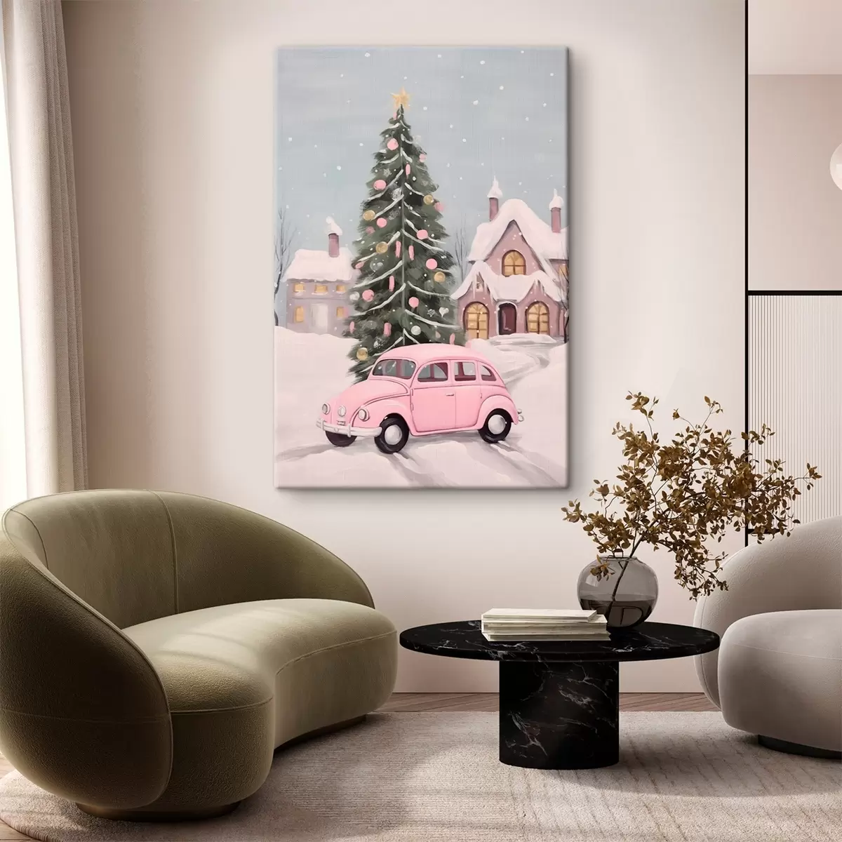  Schilderijen Roze auto en versierde kerstboom buiten het huis s46621