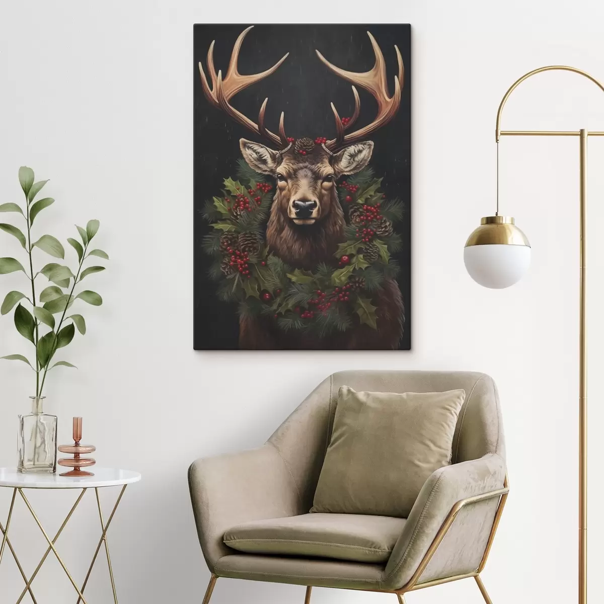  Peintures Portrait d'un cerf avec une couronne de Noël s46628