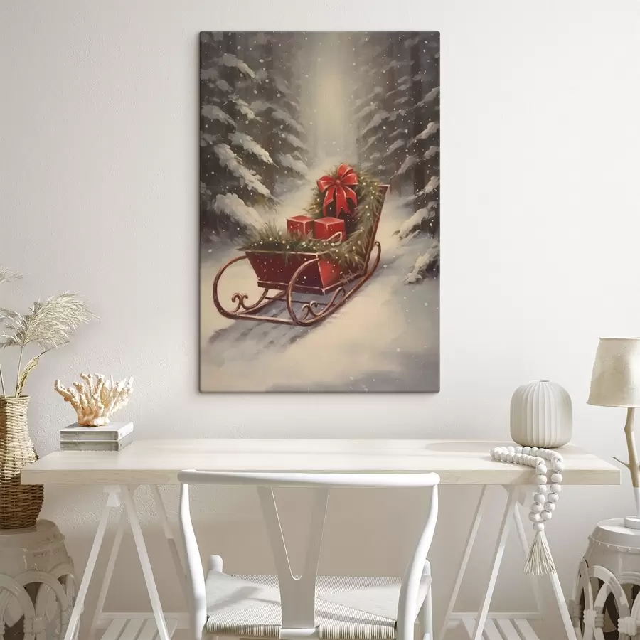 Peintures Traîneau de Noël avec des cadeaux dans une forêt enneigée s46630