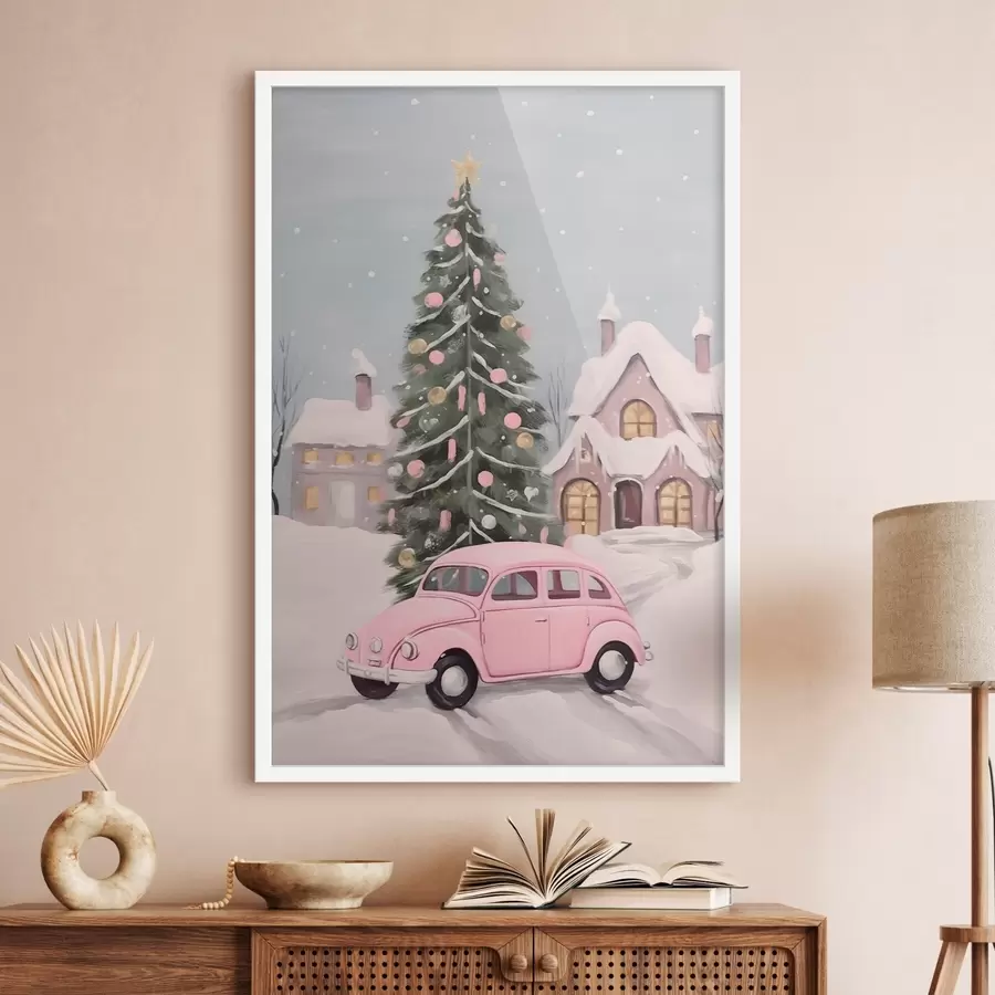 Fotobehang Roze auto en versierde kerstboom buiten het huis f46621