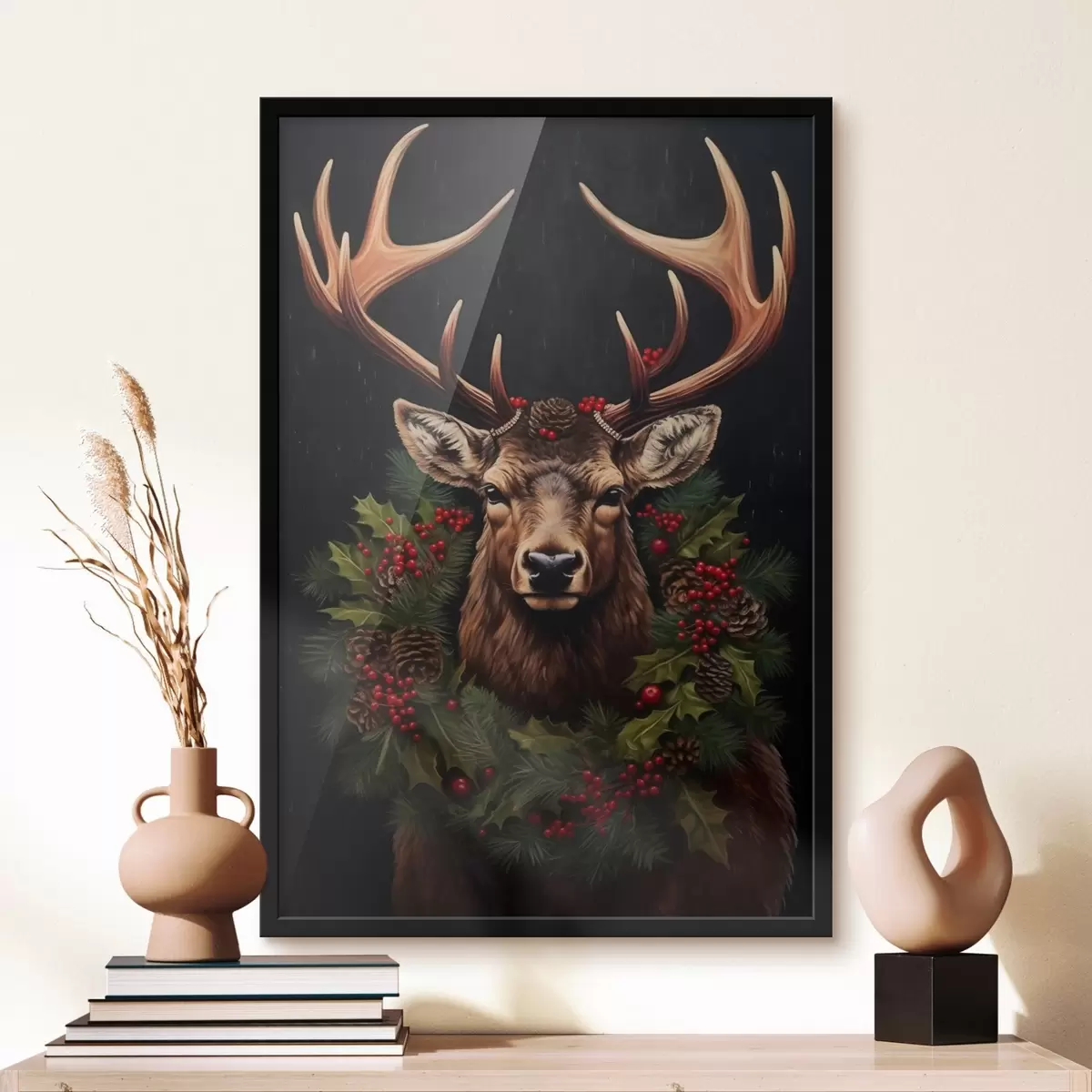 Poster Portret van een hert met een kerstkrans f46628