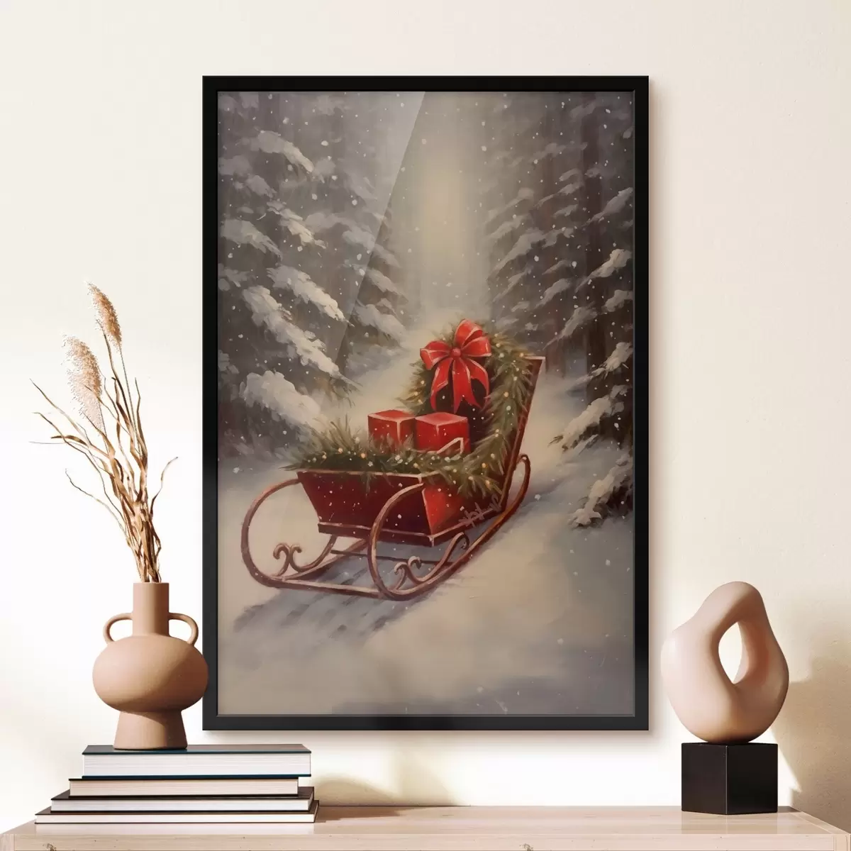 Affiche Traîneau de Noël avec des cadeaux dans une forêt enneigée f46630