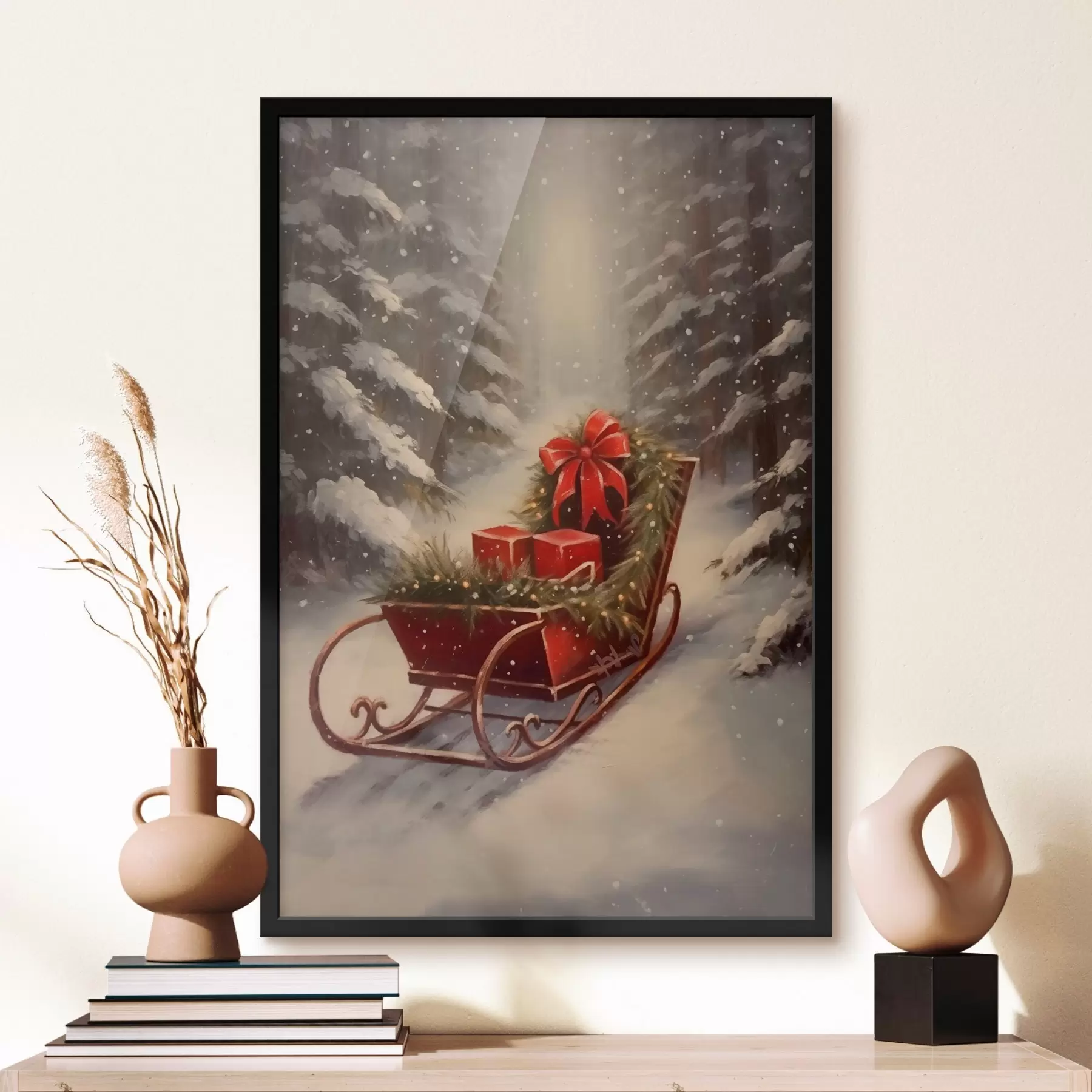 Papier peint photo Traîneau de Noël avec des cadeaux dans une forêt enneigée f46630