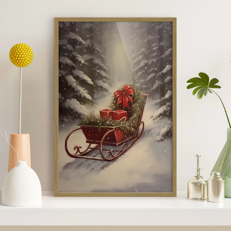 Papier peint photo Traîneau de Noël avec des cadeaux dans une forêt enneigée f46630
