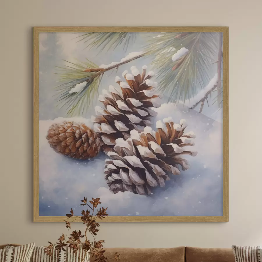 Papier peint photo Pommes de pin et branches recouvertes de neige f46631