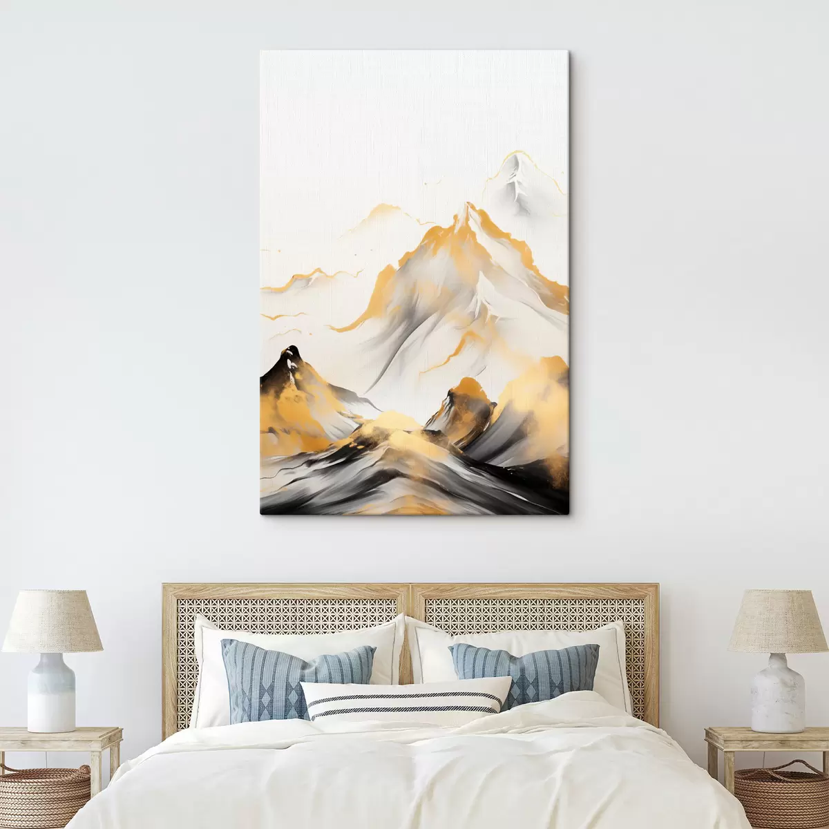  Peintures Montagnes texturées jaunes et noires aux sommets enneigés, style peinture à l'encre, chaîne de montagnes minimaliste s46683