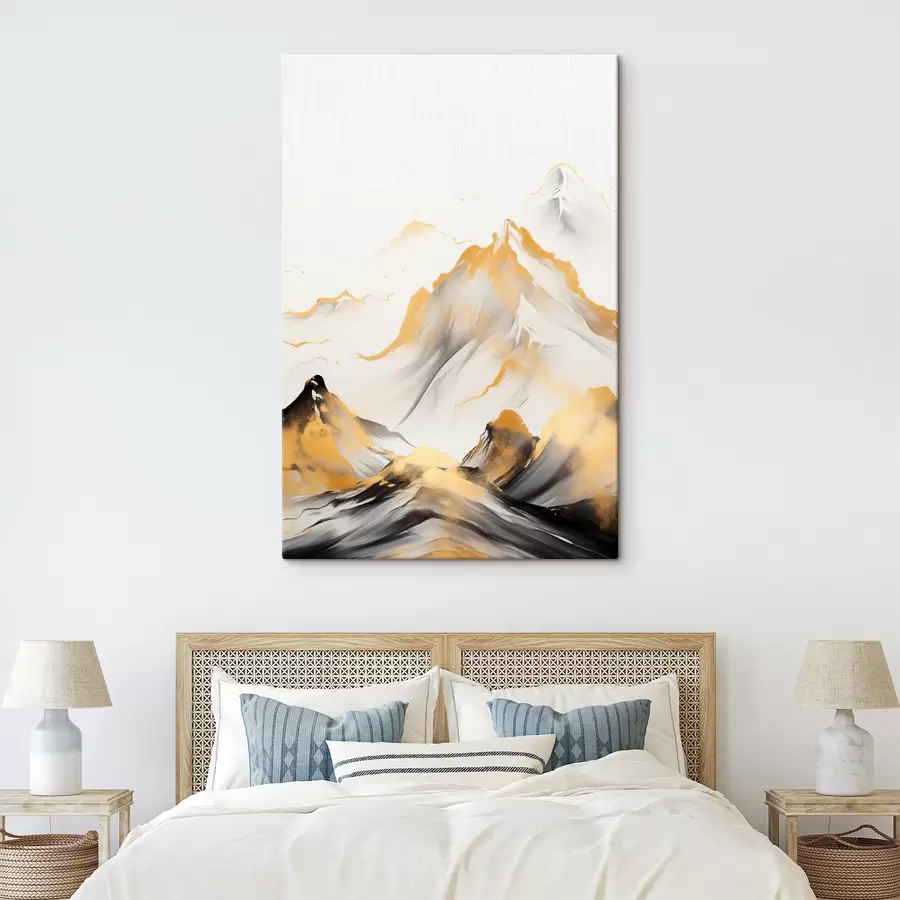  Peintures Montagnes texturées jaunes et noires aux sommets enneigés, style peinture à l'encre, chaîne de montagnes minimaliste s46683