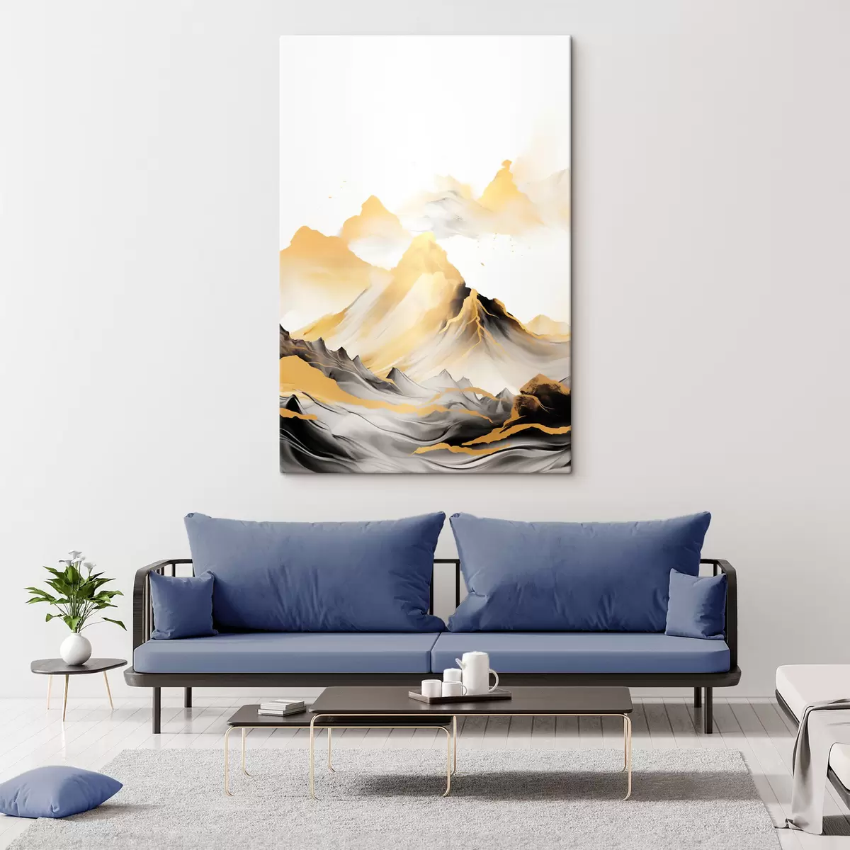  Schilderijen Getextureerde gele en zwarte bergen met besneeuwde toppen, inktwasstijl, minimalistische bergketen s46684