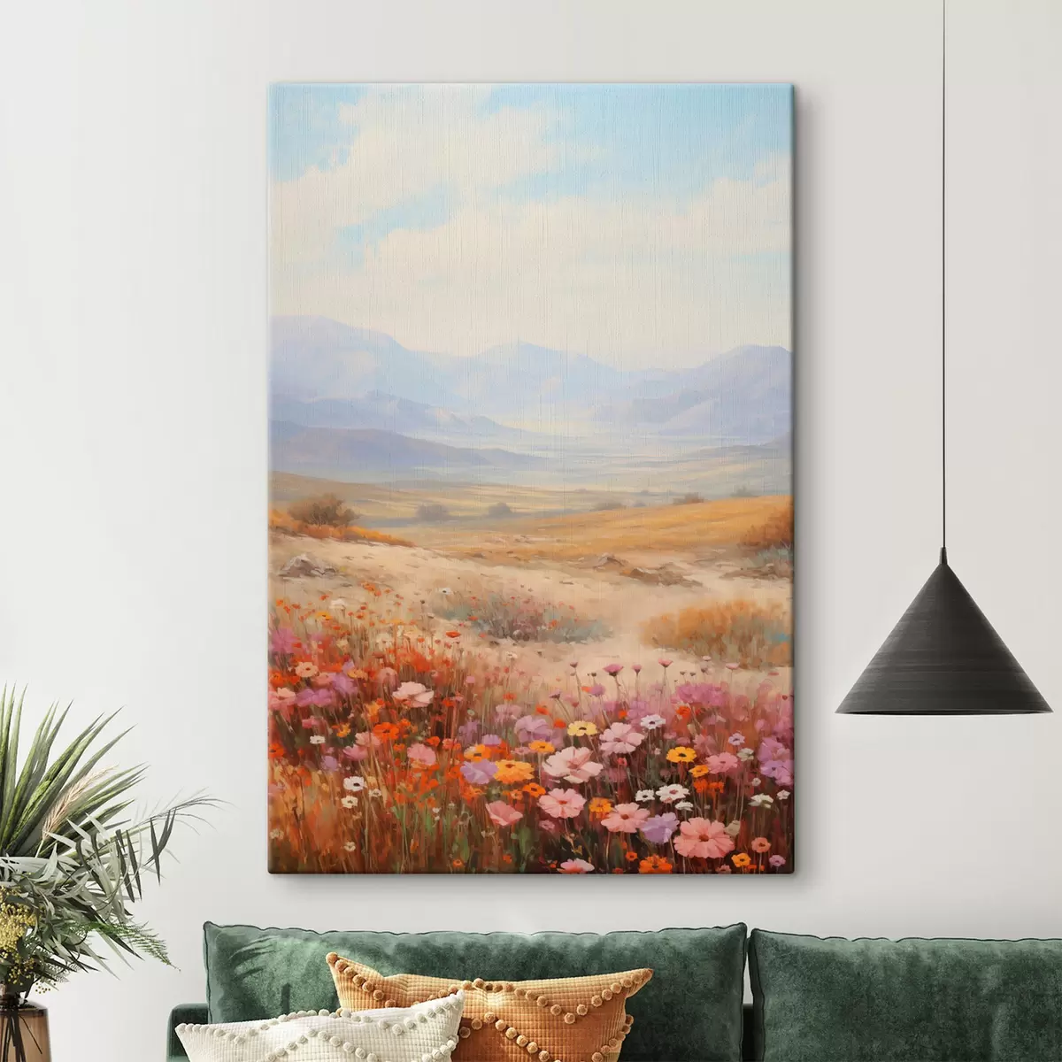  Peintures Paysage, champ de fleurs colorées avec des montagnes en arrière-plan, couleurs douces et pastel s46685