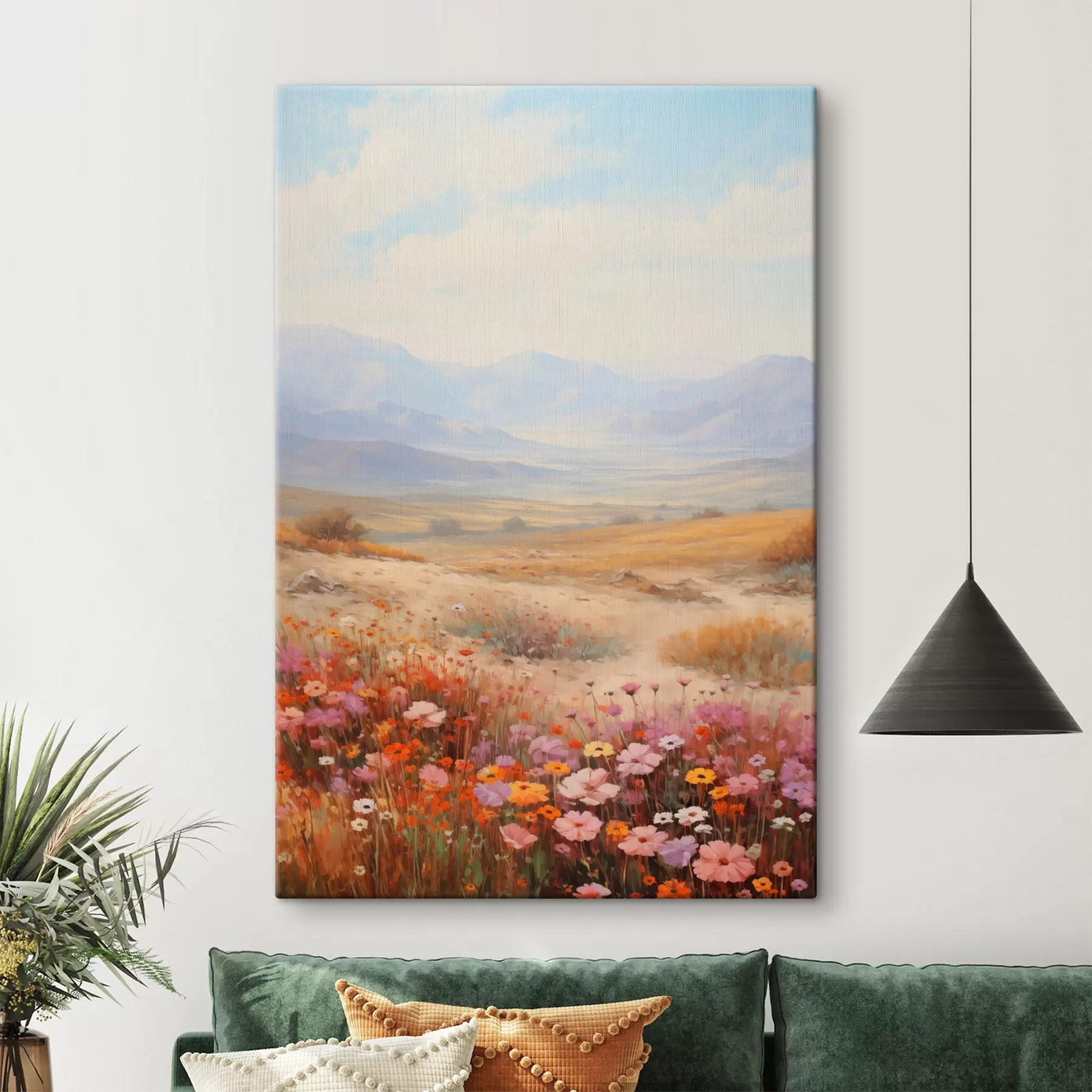  Peintures Paysage, champ de fleurs colorées avec des montagnes en arrière-plan, couleurs douces et pastel s46685