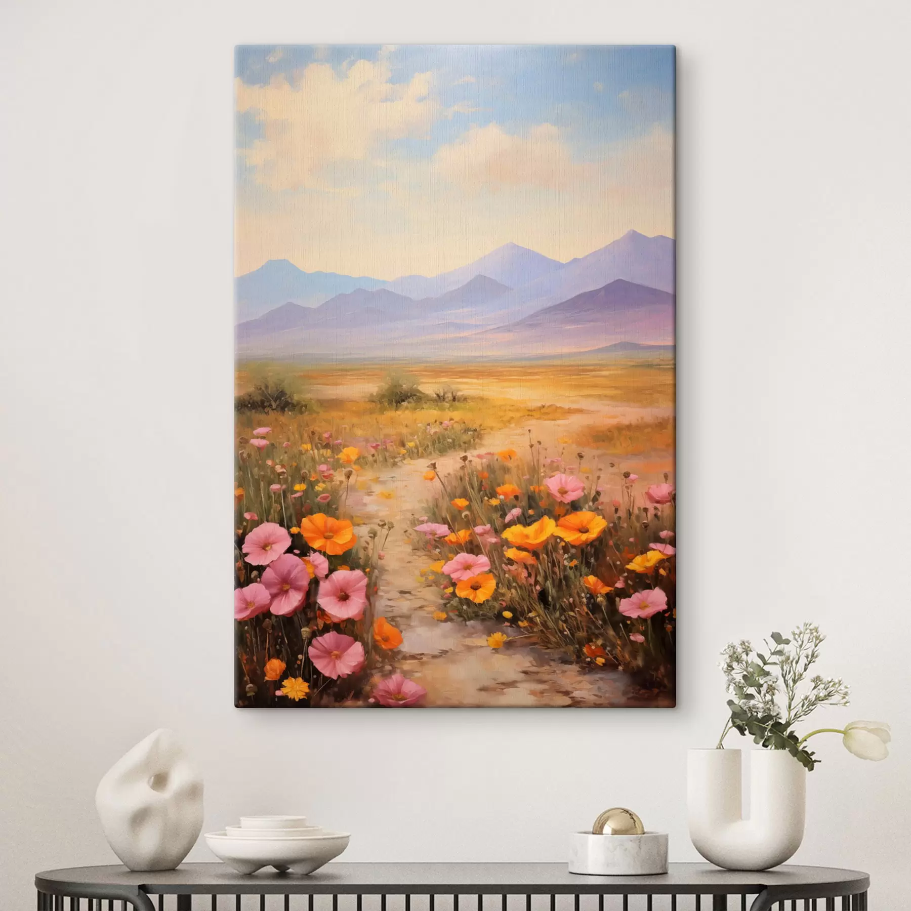  Peintures Paysage, champ de fleurs colorées avec des montagnes en arrière-plan, couleurs douces et pastel s46686