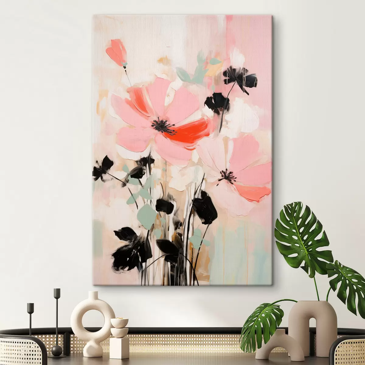  Peintures Fleurs roses et noires avec des feuilles, couleurs pastel douces, composition florale abstraite, art minimaliste s46687