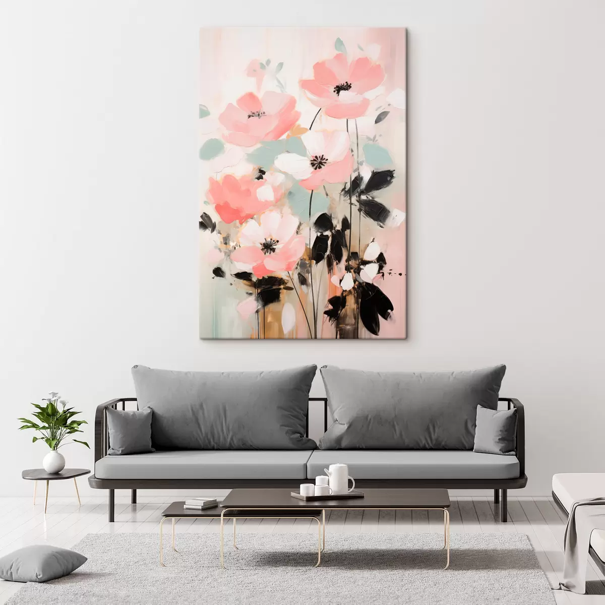  Peintures Fleurs roses et noires avec des feuilles, couleurs pastel douces, composition florale abstraite, art minimaliste s46688