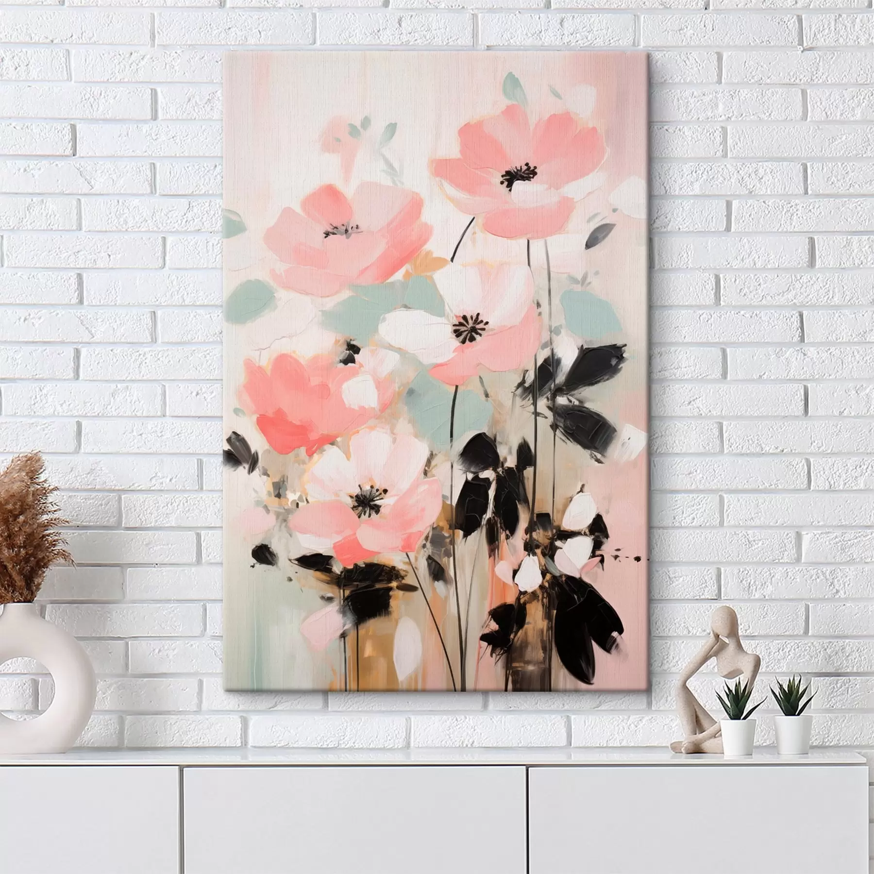  Peintures Fleurs roses et noires avec des feuilles, couleurs pastel douces, composition florale abstraite, art minimaliste s46688