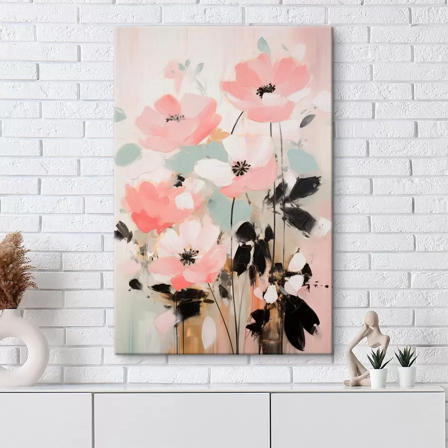  Peintures Fleurs roses et noires avec des feuilles, couleurs pastel douces, composition florale abstraite, art minimaliste s46688
