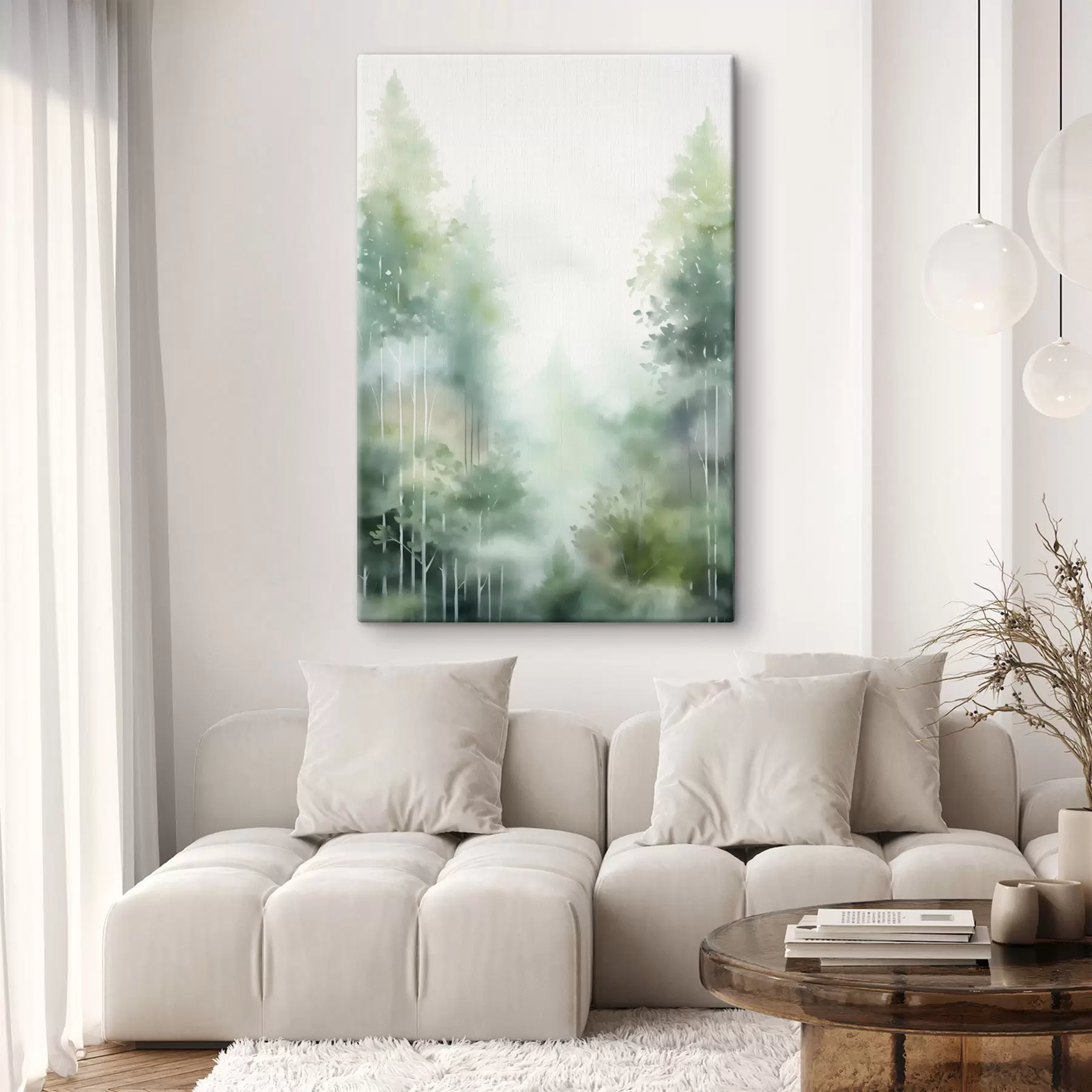  Peintures Aquarelle représentant une forêt abstraite avec de grands arbres et un feuillage vert, dans des tons doux et discrets s46689