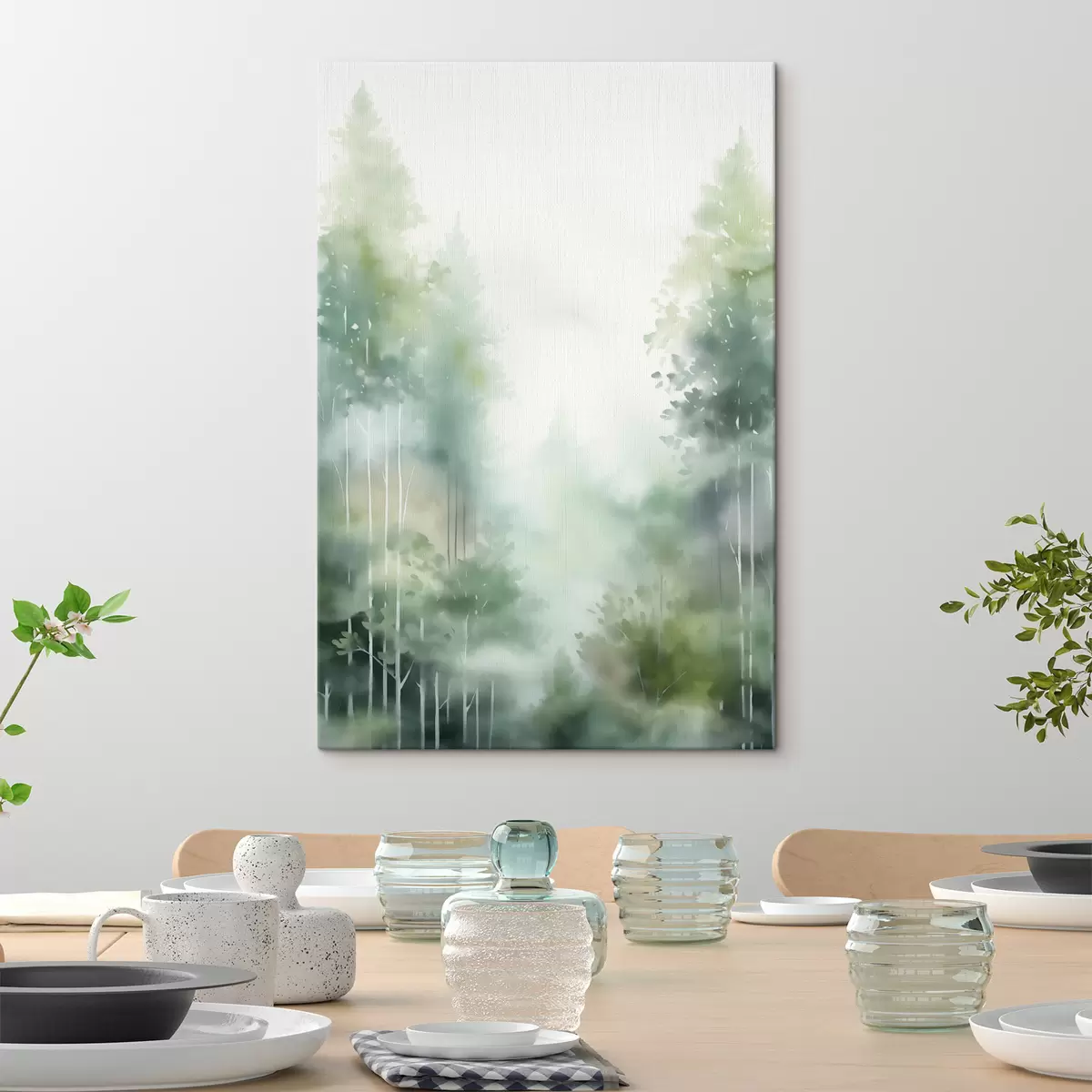  Schilderijen Aquarelschilderij imitatie van abstract bos met hoge bomen en groen gebladerte, zachte gedempte kleuren s46689