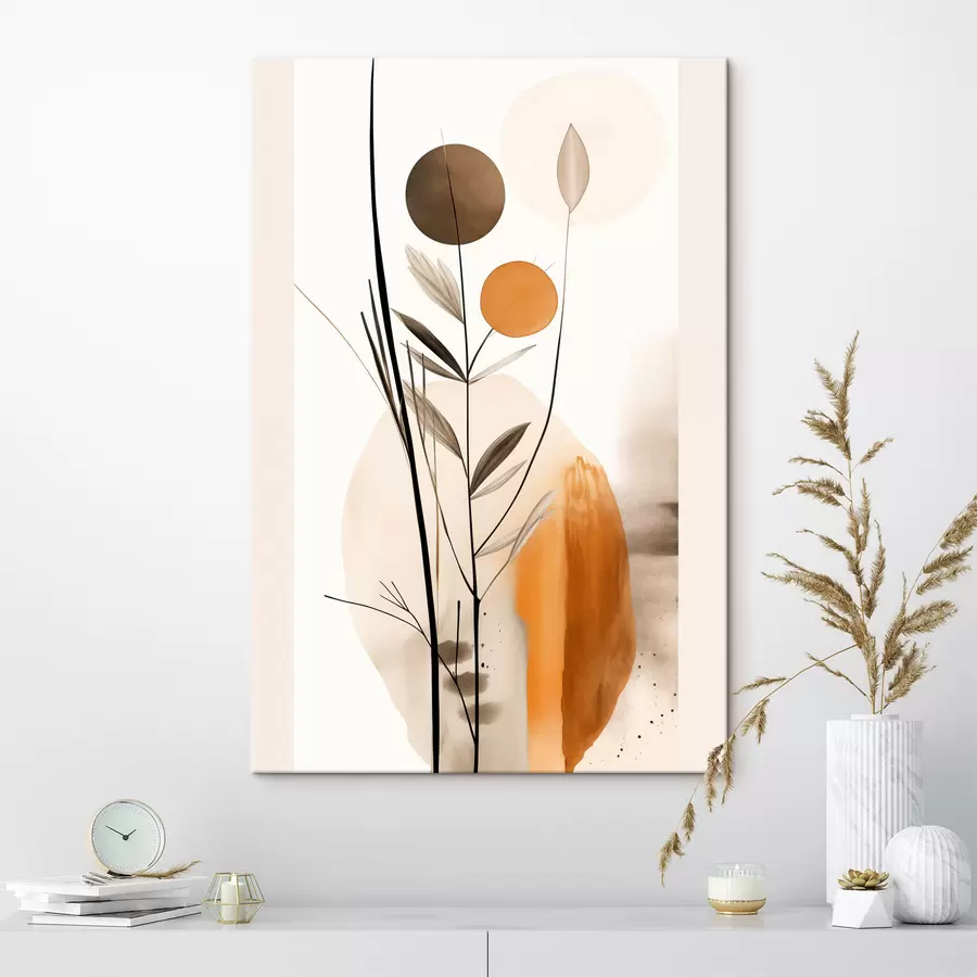  Peintures Imitation de peinture abstraite avec des cercles orange et gris, des feuilles et des branches, style moderne, effet aquarelle s46698