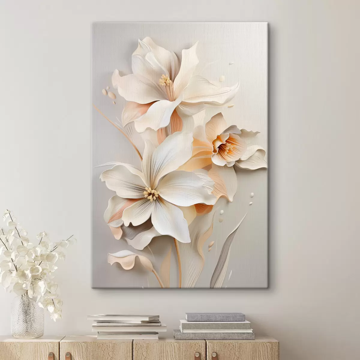  Peintures Fleurs blanches, pétales aux ombres douces, fond beige clair, composition élégante, style minimaliste s46699