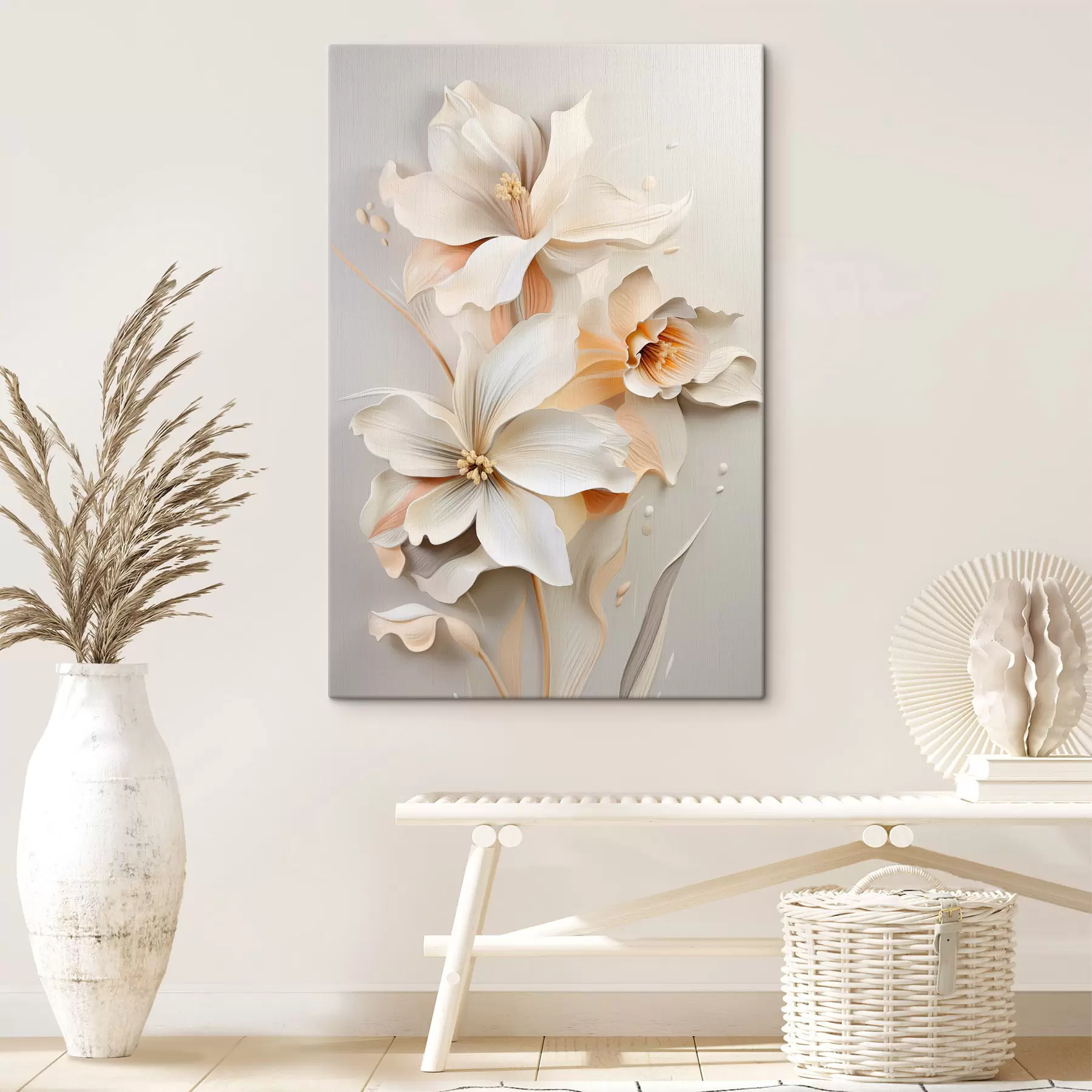  Peintures Fleurs blanches, pétales aux ombres douces, fond beige clair, composition élégante, style minimaliste s46699