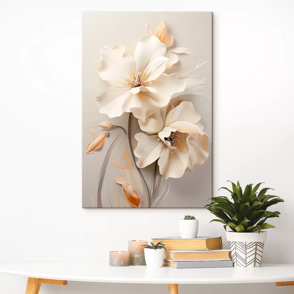  Peintures Fleurs blanches, pétales aux ombres douces, fond beige clair, composition élégante, style minimaliste s46700