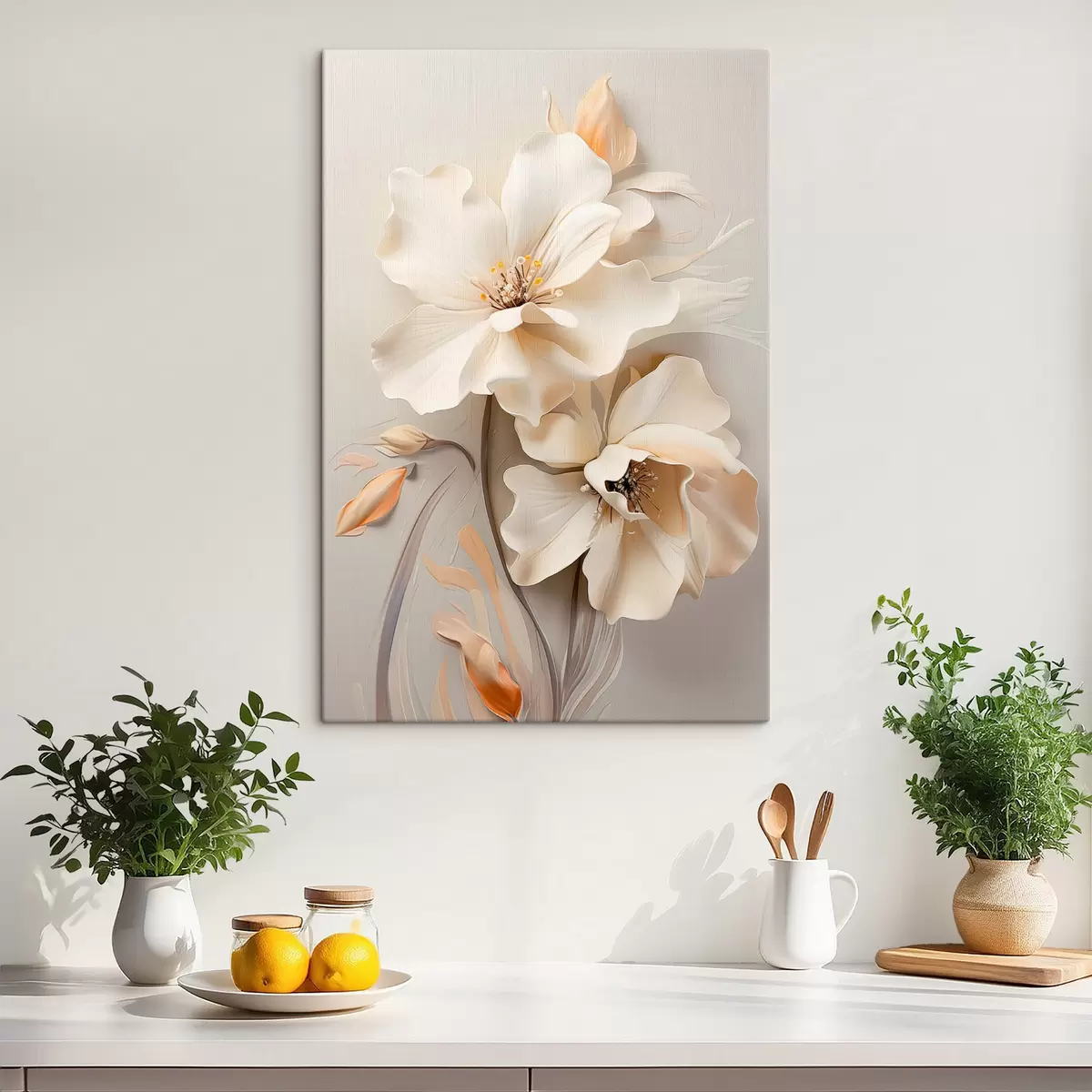  Schilderijen Witte bloemen, bloemblaadjes met zachte schaduwen, lichtbeige achtergrond, elegante compositie, minimalistische stijl s46700